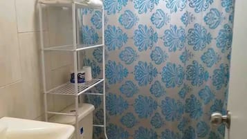 Regadera, toallas, jabón, papel de baño
