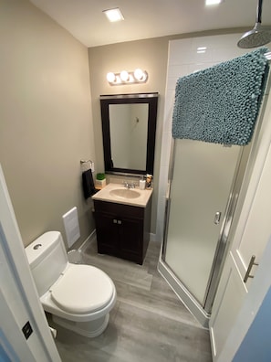A bathroom with a toilet, sink, mirror, and shower.