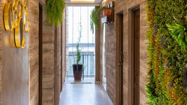 Un pasillo con pared de ladrillo, jardín vertical verde e iluminación en el techo.