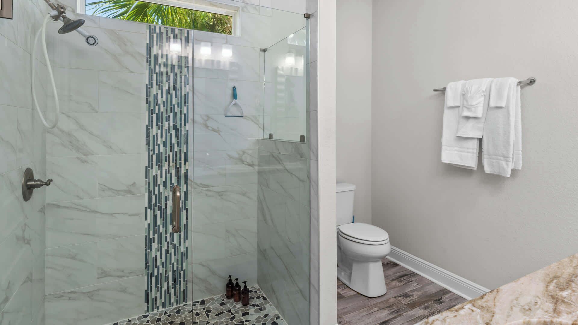 A bathroom with a glass-enclosed shower, a toilet, and a towel rack.