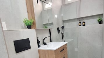 Ducha, secador de pelo, toallas y jabón