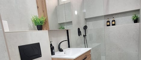 Shower, hair dryer, towels, soap