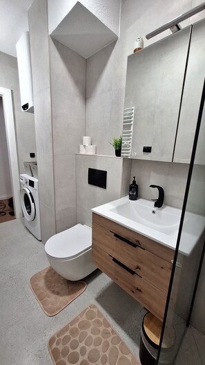 A modern bathroom with a toilet, sink, and washing machine. - Apartman Pino Charming 1-bedroom apartment in Bihać (Bihać)