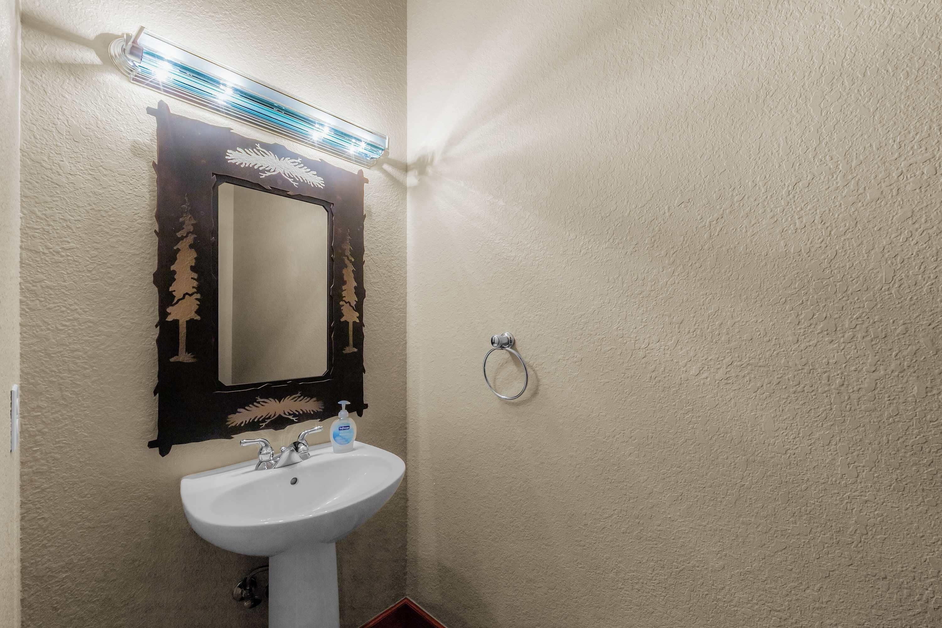 A bathroom with a white sink, a mirror with a decorative frame, and a towel ring.