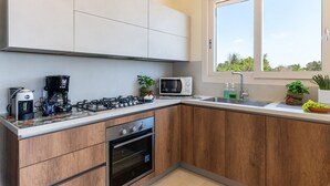 A modern kitchen with a gas stove, microwave, coffee maker, oven, and a window with a view of greenery. - High-end pool villa on 2 levels with sea view (Torre Pali)
