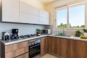 A modern kitchen with a gas stove, microwave, coffee maker, oven, and a window with a view of greenery. - High-end pool villa on 2 levels with sea view (Torre Pali)