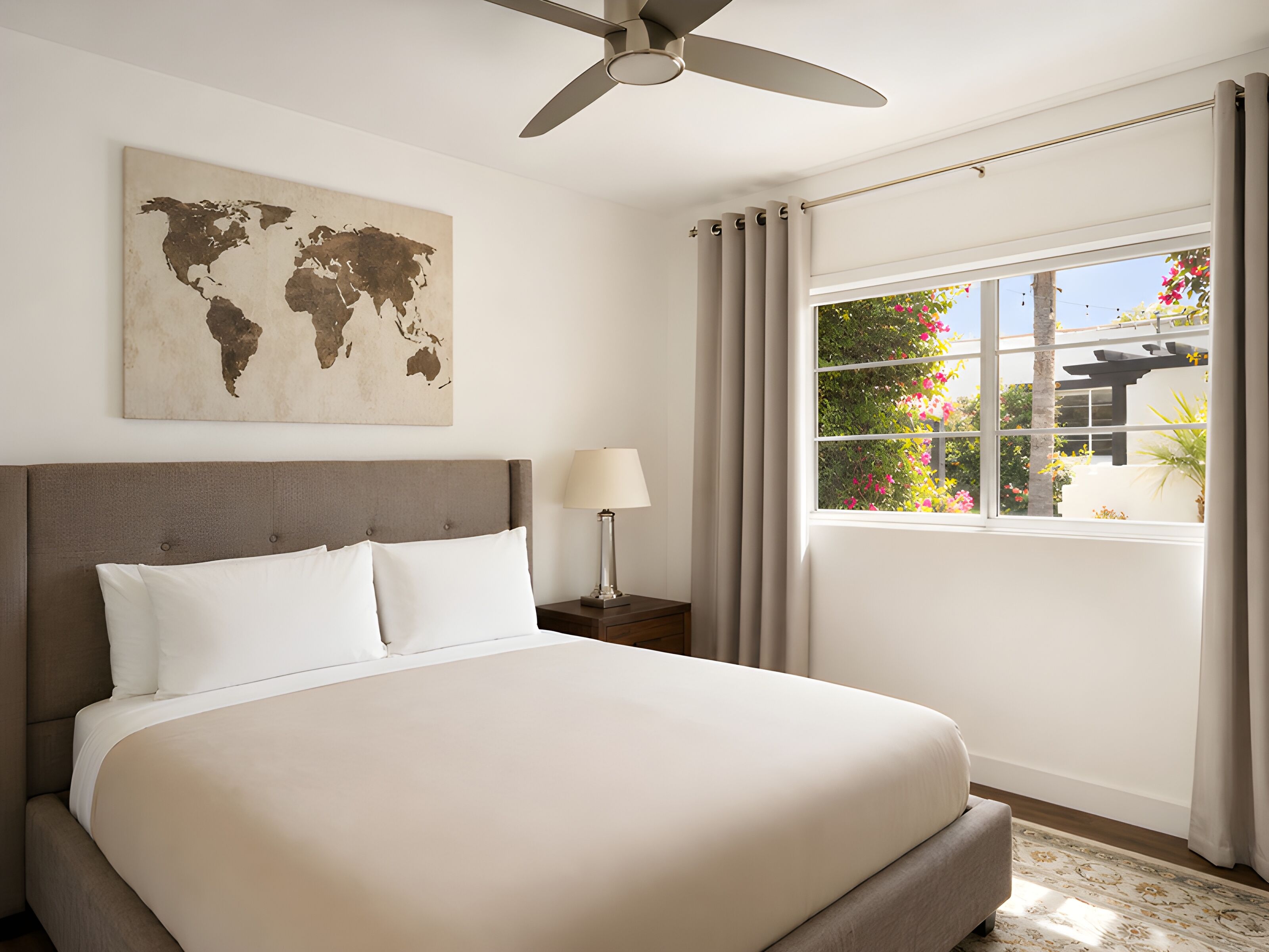 Una habitación de hotel con una cama grande, un mapa del mundo en la pared, un ventilador de techo, una ventana con cortinas y una mesita de noche con una lámpara.
