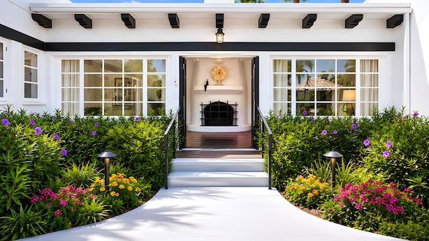 A modern building with a central entrance, large windows, and a well-maintained garden with various plants and flowers. - Gloria Palm Springs (Palm Springs)