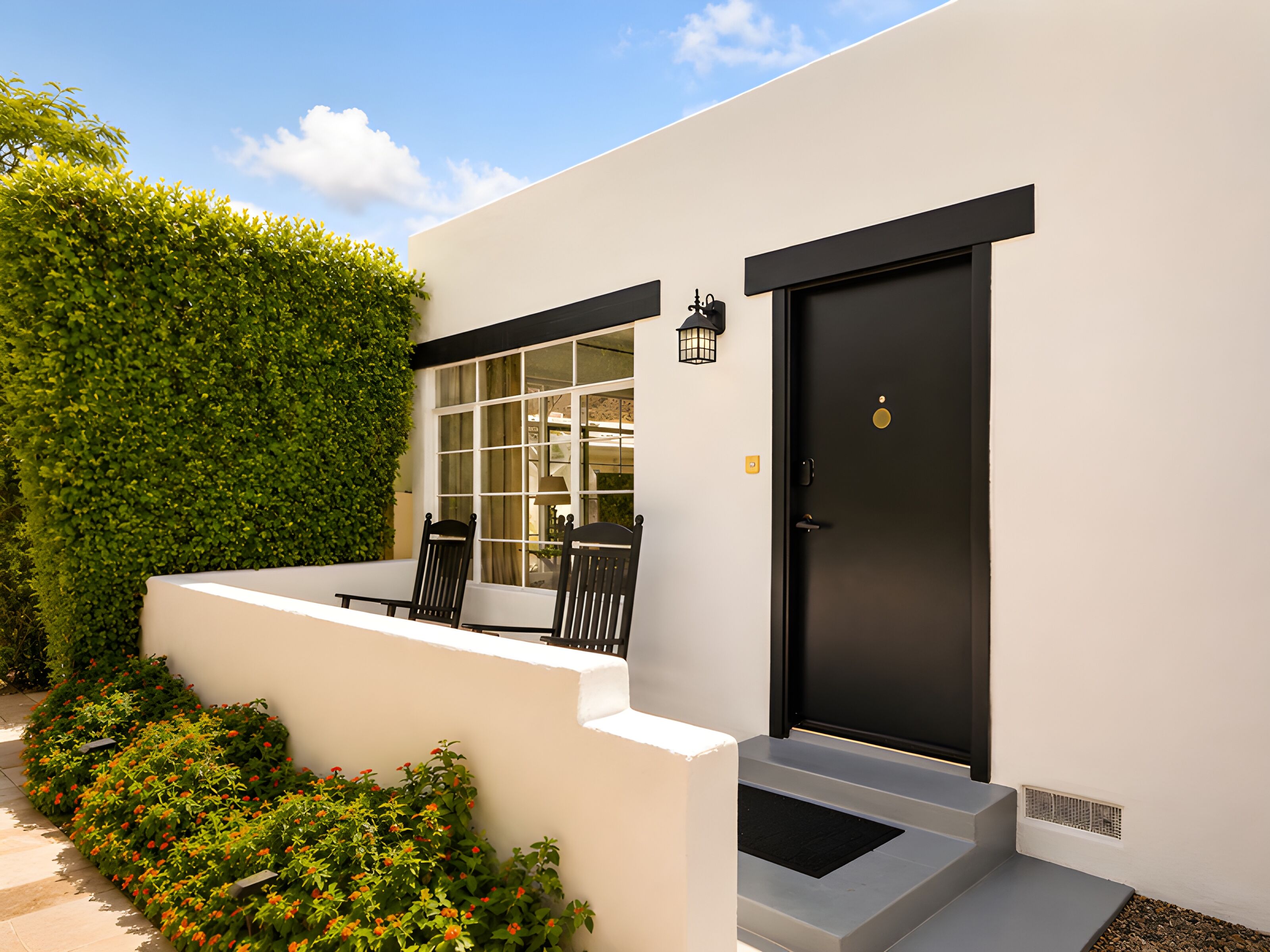 A modern building with a black door, white walls, and a small outdoor seating area with chairs.