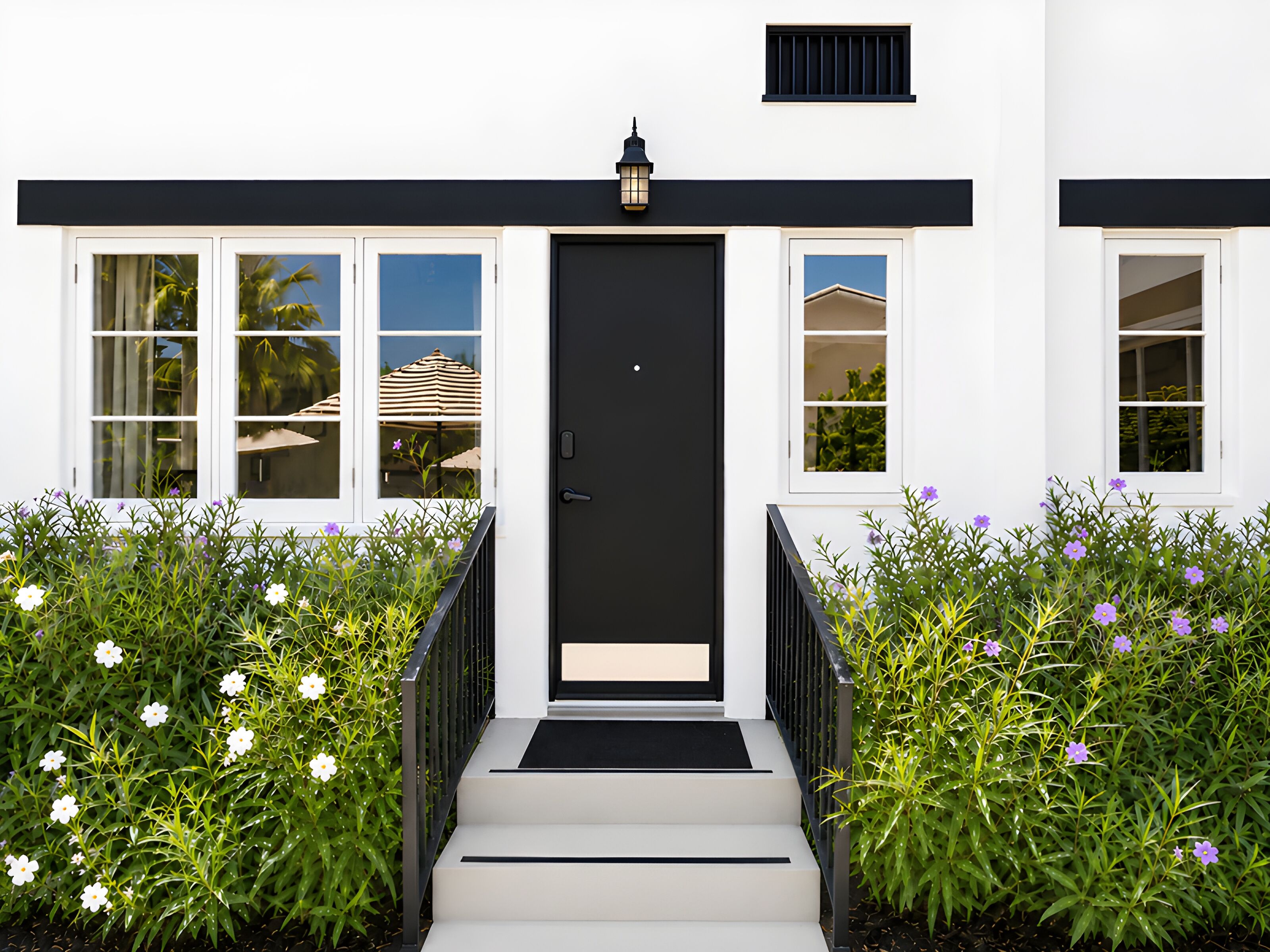 A modern building with a black door, white windows, and a small balcony with a black railing.