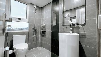 Shower, hair dryer, bidet, towels
