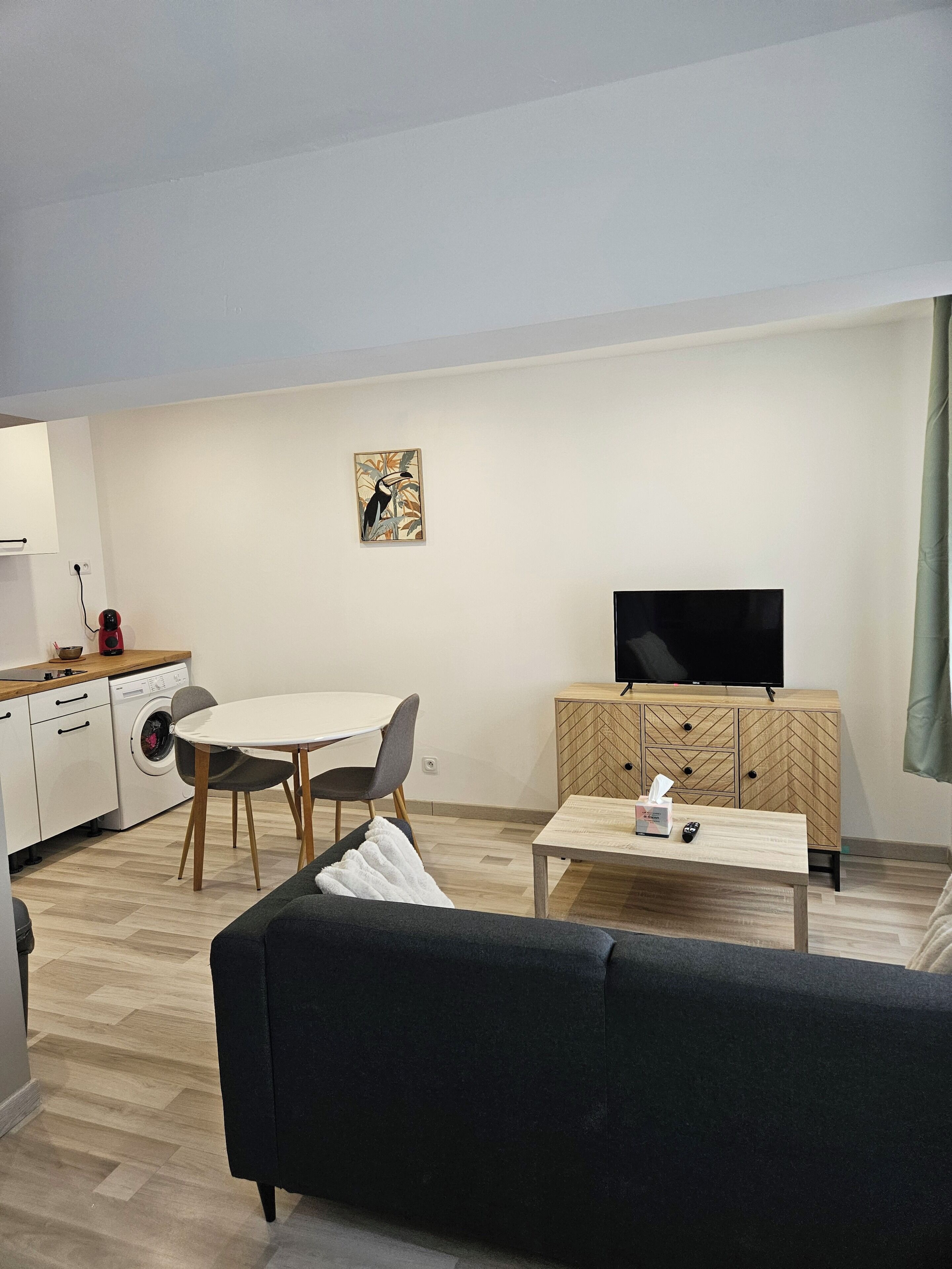 Olohuoneessa on sohva, ruokapöytä tuoleineen, puinen TV-taso, jossa on televisio, pesukone ja taulu seinällä.