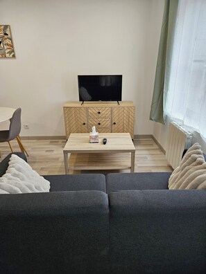 A living room with a sofa, a coffee table, a TV on a wooden cabinet, and a radiator. - Studio Cosy Centre Valenciennes Station and streetcar on foot (Valenciennes)