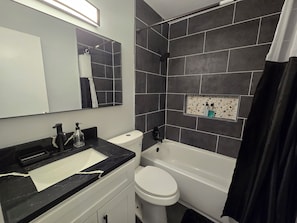 A bathroom with a black and white tiled shower, a white toilet, a black and white vanity with a sink, and a mirror. - Gateway City Getaway (Forest Park)