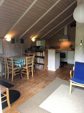 Ein gemütliches Dachzimmer mit Esstisch, Stühlen, einem Bücherregal, einer Küchenzeile und einem blauen Sessel.
