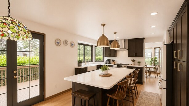 Een moderne keuken met een centraal eiland, donkere kastjes en hanglampen.