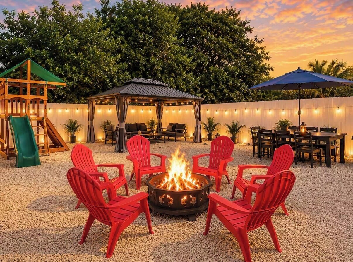 An outdoor patio area with a fire pit surrounded by red chairs, a children's play structure, and string lights.