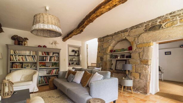 Ein gemütliches Wohnzimmer mit Kamin aus Stein, einem grauen Sofa, einem Bücherregal und einer hängenden Weidenleuchte.
