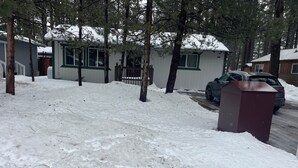 Zona residencial con suelo cubierto de nieve, un coche aparcado y una casa con puerta de garaje visible.