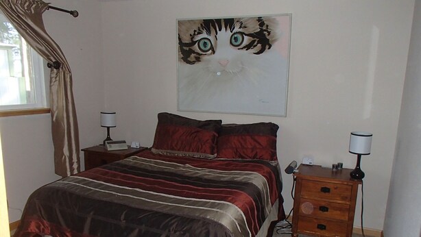 Een slaapkamer met een bed, twee nachtkastjes, een lamp, een schilderij van een kattengezicht en een raam met gordijnen.