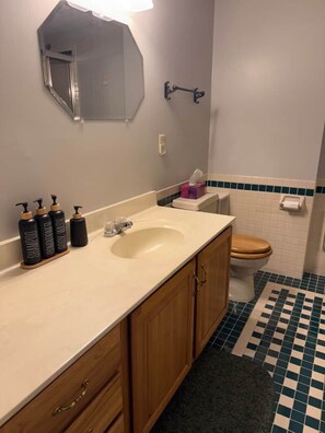 Hair dryer, towels, soap, shampoo