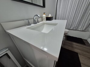 A bathroom with a white sink, a mirror above it, a toilet, and a black rug on the floor. - Lower Suite with Separate Entrance in Northridge, Grande Prairie (Grande Prairie)