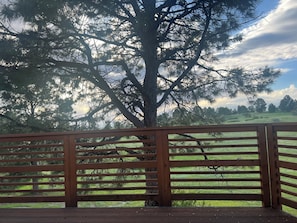 Una terraza de madera con vista a un árbol grande y un campo cubierto de hierba.