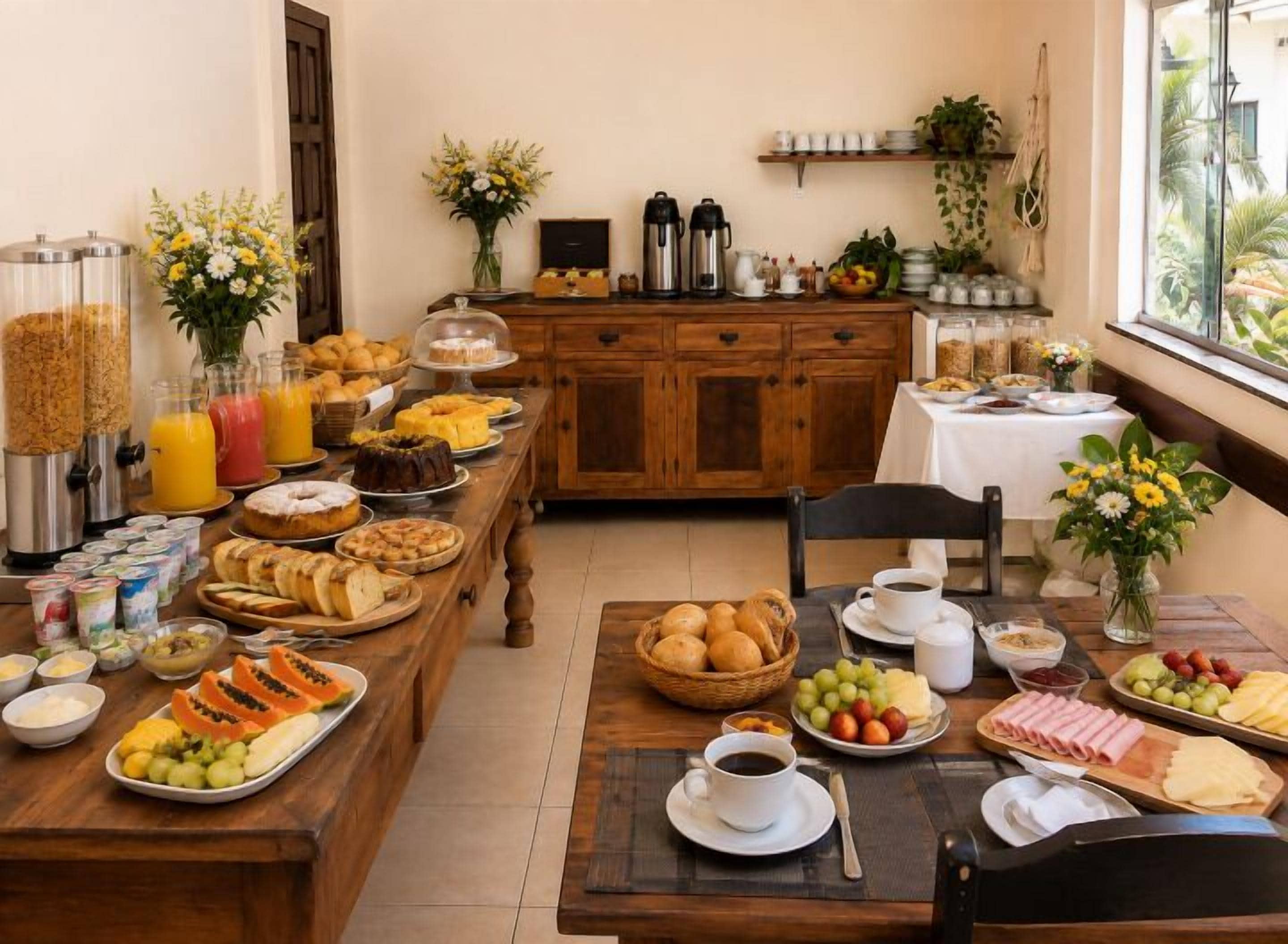 Een ontbijtbuffet met diverse soorten eten en drinken.