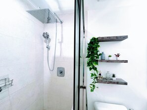 Une salle de bain moderne avec une douche à parois de verre, un pommeau de douche à main, un robinet mural et une plante en pot sur une étagère en bois.
