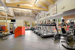 A gym with treadmills, elliptical machines, and free weights. - 1 King 1BR Suite, Hilton Phoenix Tapatio Cliffs, 7 Pools, Full-Service Spa (Phoenix)