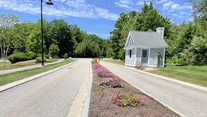 A residential street with a small house, a sidewalk, and flower beds.