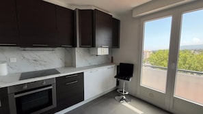 Eine moderne Küche mit dunklen Schränken, einer Marmorarbeitsplatte und Blick auf einen Balkon mit Grünpflanzen.