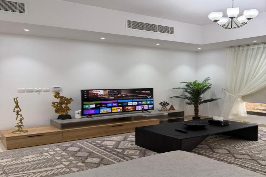 A modern living room with a flat-screen TV, wooden console, black coffee table, patterned rug, and a potted plant.
