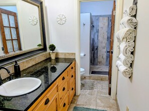 Casa de banho com lavatório, espelho, planta em vaso e toalhas num porta-toalhas.