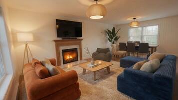 Smart TV, fireplace, video games, foosball