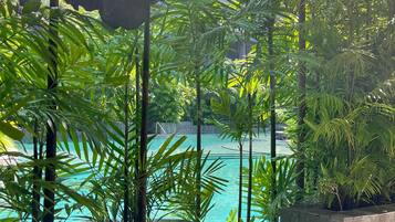 A pool surrounded by lush greenery and stone walls.