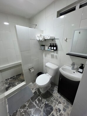 Ein Badezimmer mit Toilette, Waschbecken und Dusche.