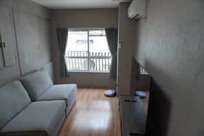 Une pièce avec un canapé, un téléviseur, une fenêtre avec des rideaux et une vue sur une clôture.