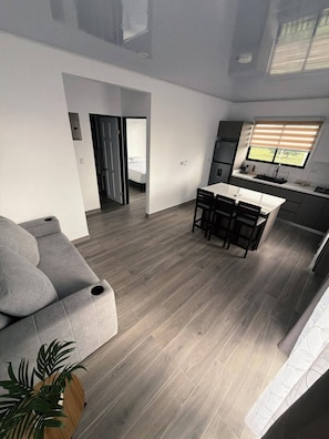 Eine moderne Wohnung mit einem Lofts-Wohnbereich, einer Küche mit Fenster und einem Essbereich.