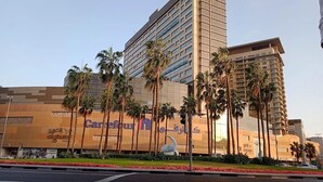 A large building with a prominent Carrefour sign, palm trees, and a statue in front.