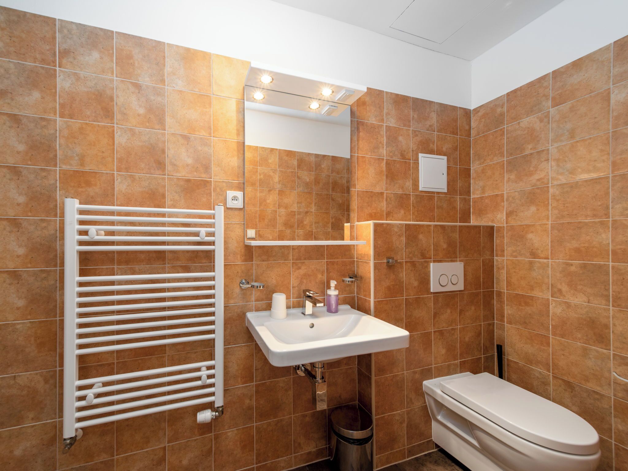 Un baño con lavamanos blanco, espejo y retrete, además de un perchero para toallas.