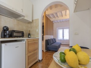Eine kompakte Küche mit Kaffeemaschine, Toaster und Kühlschrank. Es gibt einen Essbereich mit Tisch und Stühlen, und eine Couch im Hintergrund.