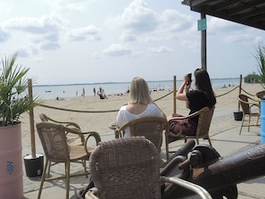 Cadeiras de vime ao ar livre, um vaso com planta e vista para a praia.