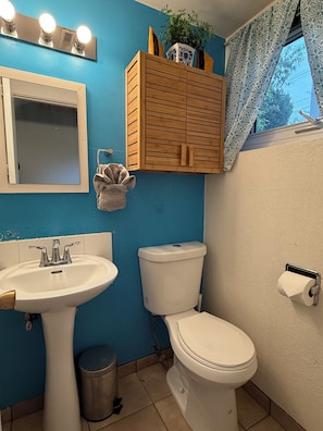 A bathroom with a sink, toilet, and wooden cabinet with a plant.