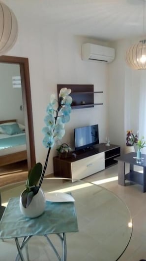 Un saló modern amb una taula de vidre, una orquídia en test, un televisor de pantalla plana, un sofà i un armari de fusta.