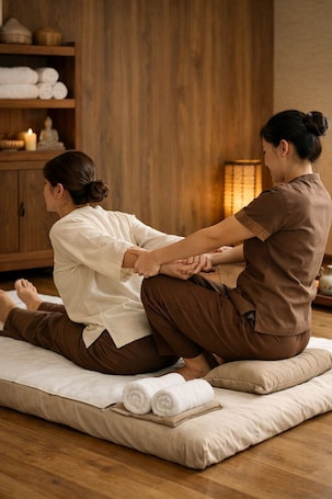 Two people in a room with wooden flooring, a massage table, and a shelf with towels and candles.. Banana Village Resort