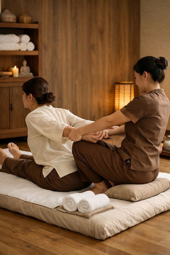 Two people in a room with wooden flooring, a massage table, and a shelf with towels and candles. - Banana Village Resort (Mae Taeng)