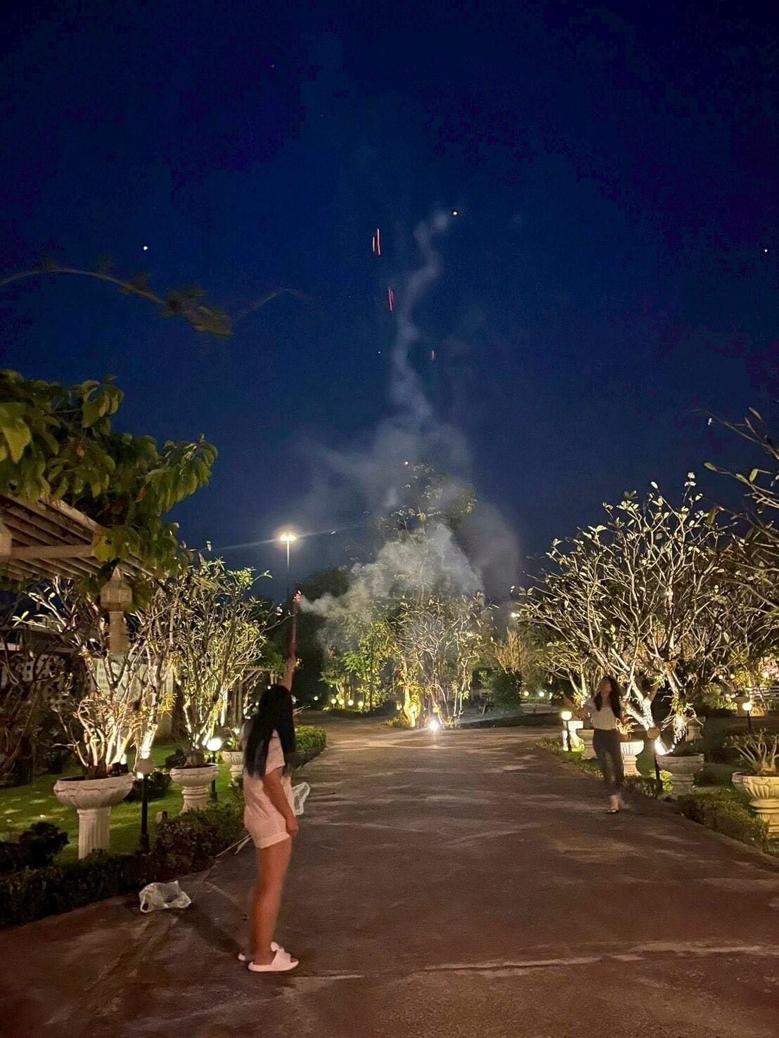 Escena nocturna al aire libre con un camino, árboles y una persona de brazos levantados.