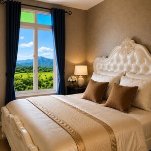 A bedroom with a large bed, a nightstand with a lamp, and a view of a green landscape through a window.