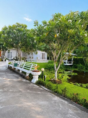 A pathway lined with white benches, a pond with lily pads, and lush greenery. - Banana Village Resort (Mae Taeng)